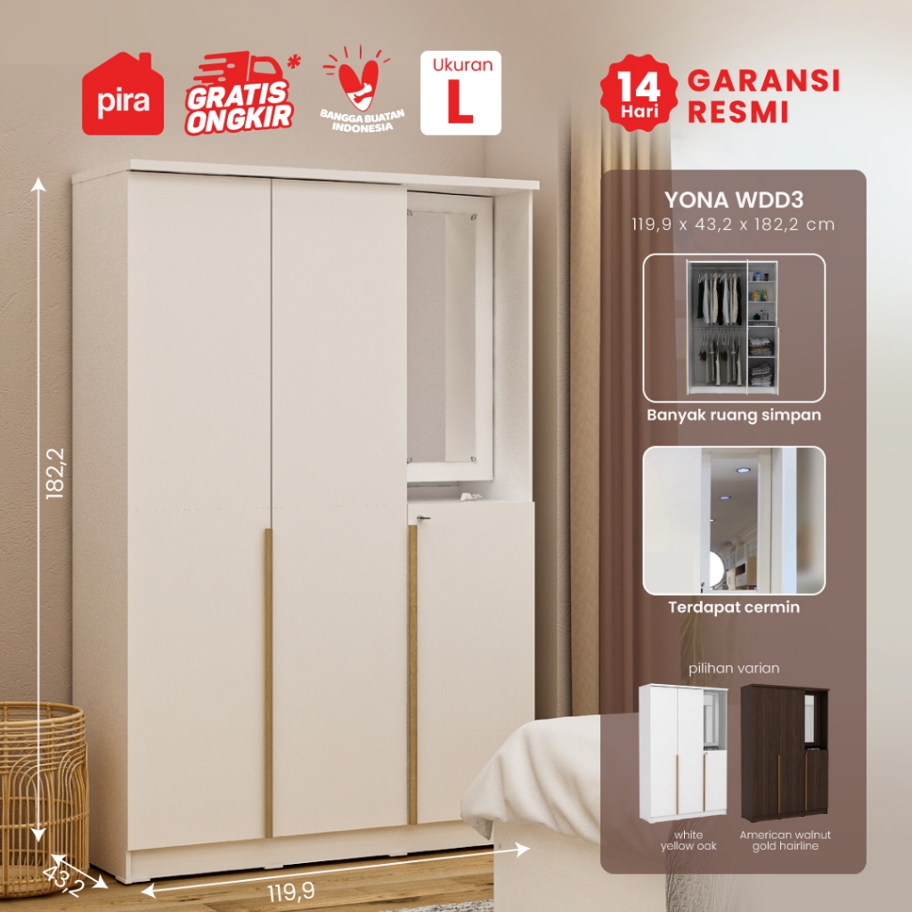 Pira Metropolis - Yona WDD 3 Lemari Pakaian 3 Pintu dengan Kaca Rias