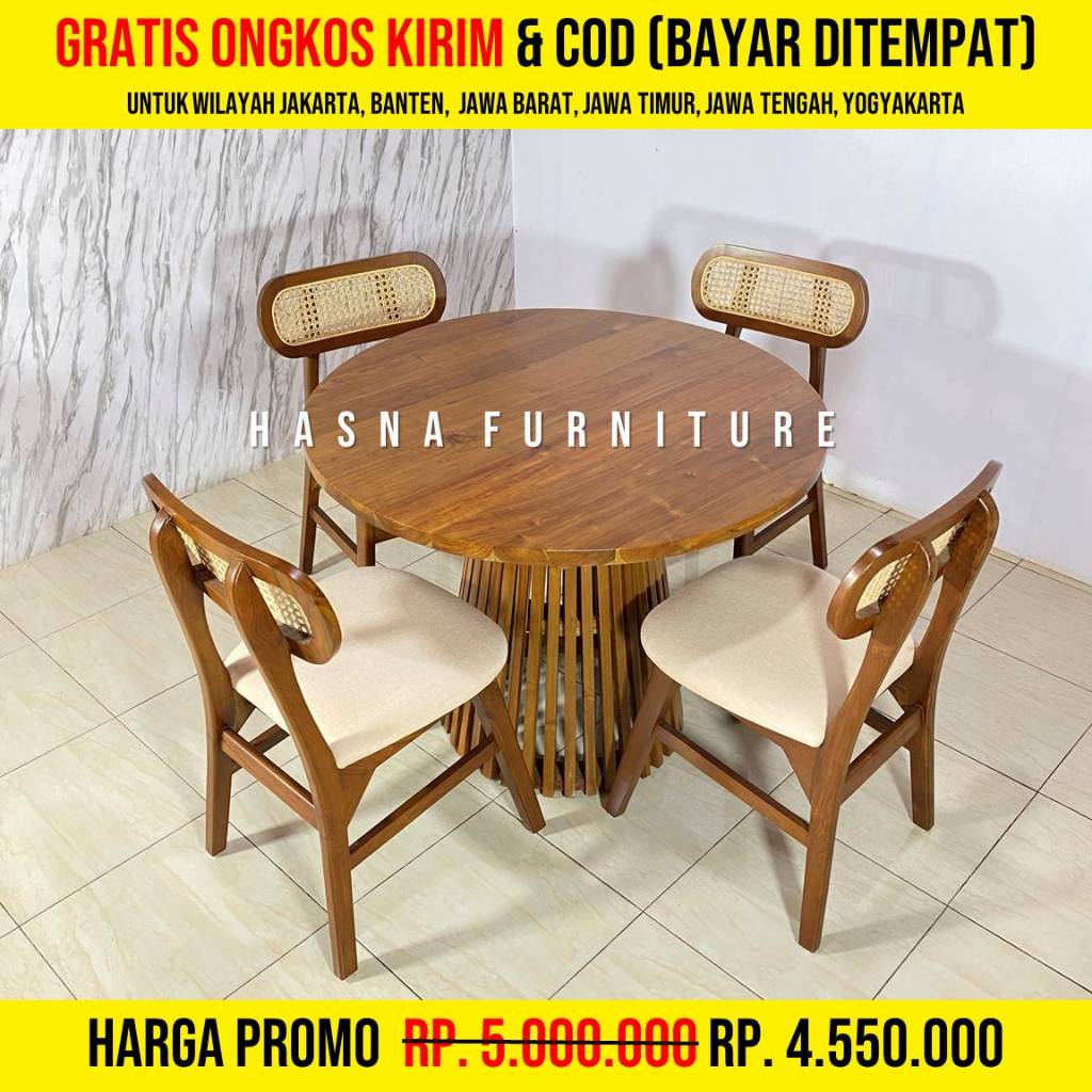 Set Meja Makan Jati Minimalis 4 Kursi – Kayu Jati Asli Tahan Lama, Promo Set Kursi Makan Kayu Jati R