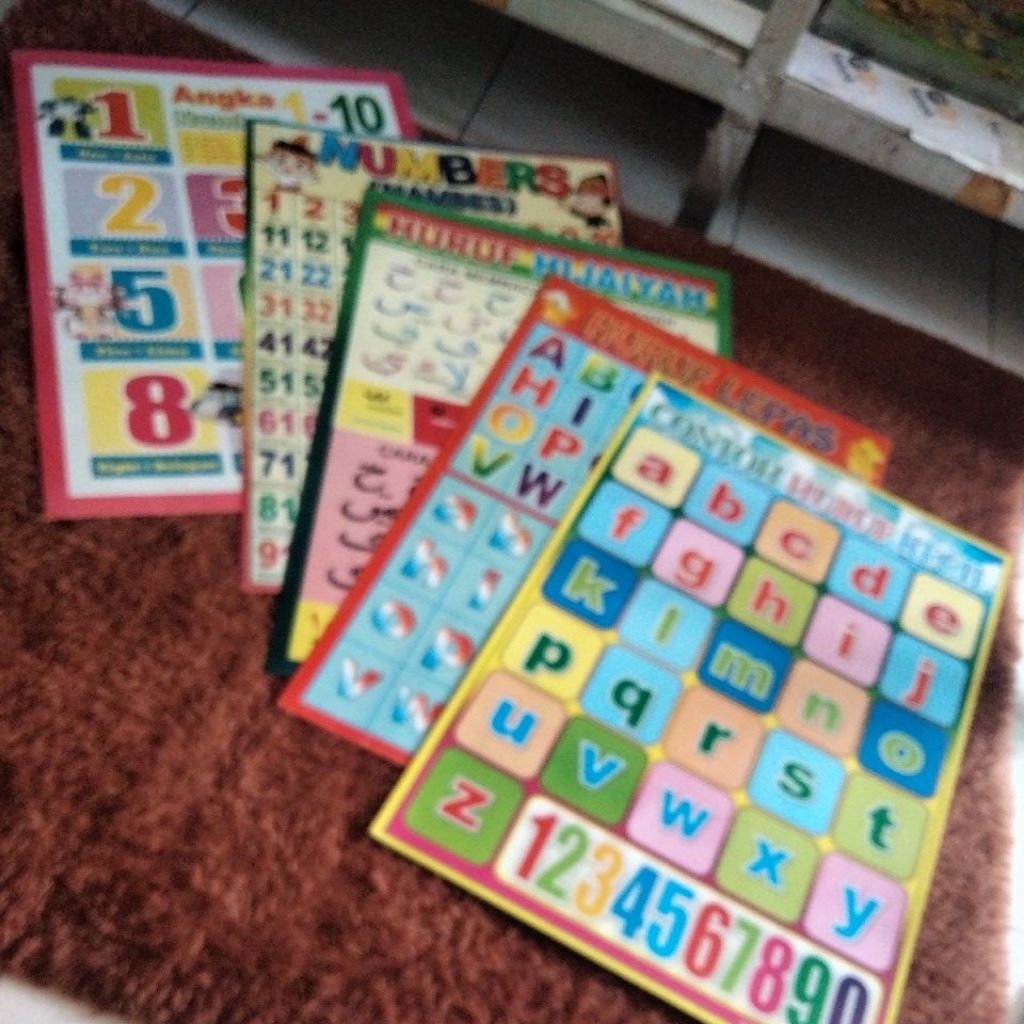 POSTER EDUKASI ANAK ANGKA1-10 , 1- 100 HURUF KECIL HURUF BESAR HURUF HIJAIYAH
