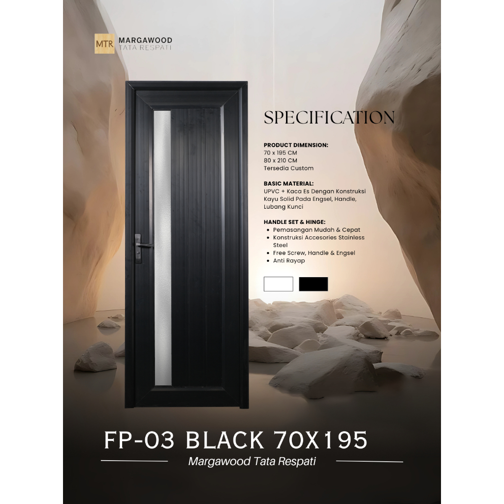 Pintu Margawood uPVC FP-03 Putih/Hitam - Kamar Mandi / Internal / Exterior / 70x1950 / 80x210