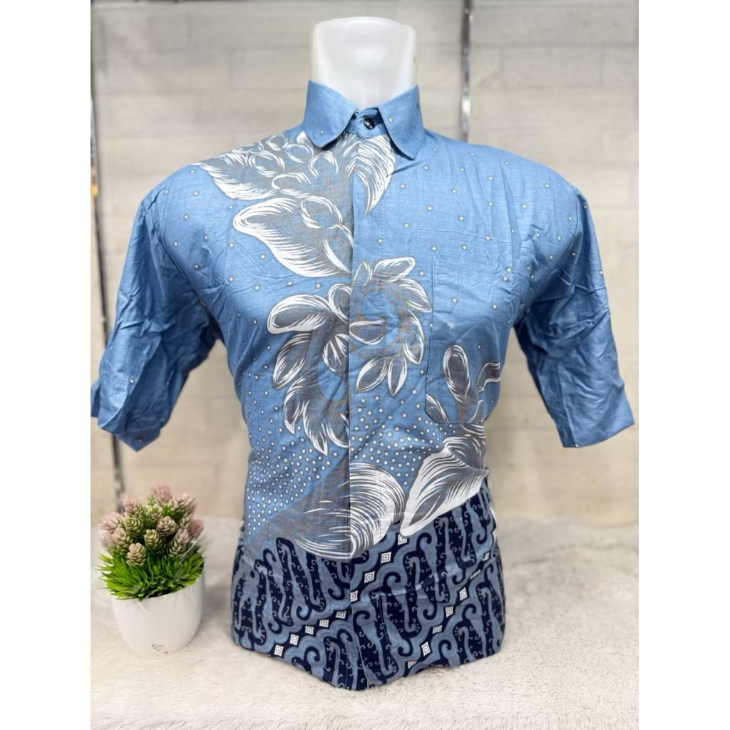 Kemeja batik pria murah warna baby blue / biru denim