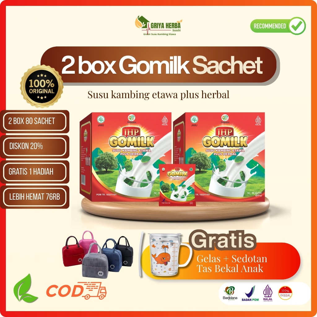 

Paket 2 Box Gomilk SACHET| Susu Kambing Etawa Plus Herbal + Gratis Gelas Minum | Diskon 20% | COD | Original