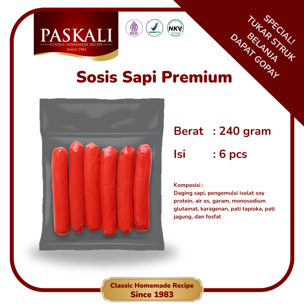 

Sosis Sapi Premium Paskali 240 Gram Isi 6 Pcs