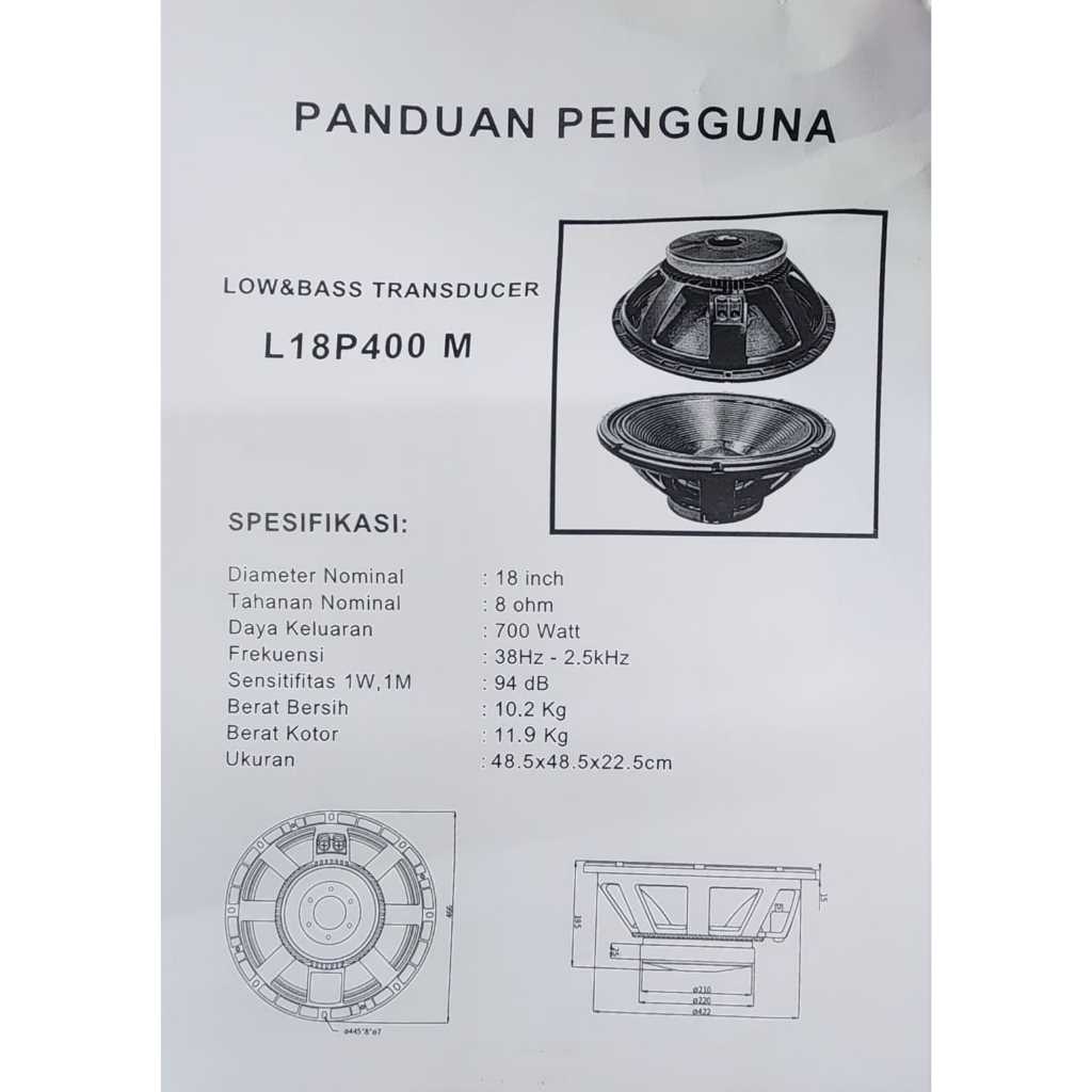 speaker subwofer 18″ model RCF L18P400 H / L18 P400 H / 18P400 H(warna HITAM)