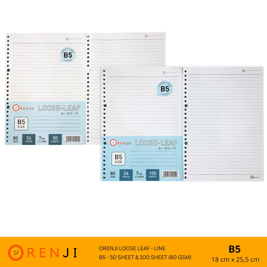 

Orenji Loose Leaf B5 Line - 50 Lembar dan 100 Lembar Kertas Binder Ukuran 18cm x 25,5 cm - 26 Lubang - 80 GSM