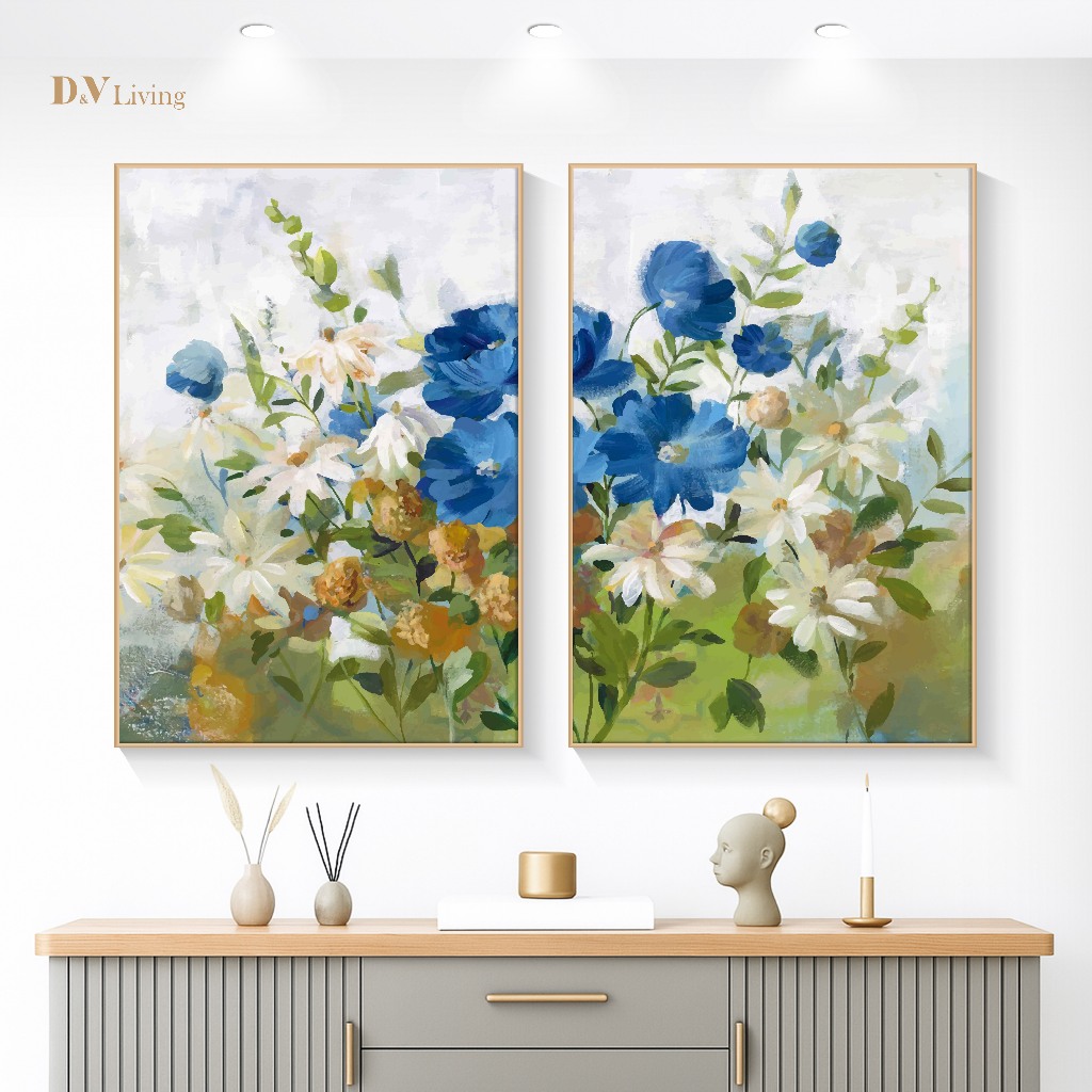 DVLIVING Set 2 PCS Hiasan Dinding Ruang Tamu – Lukisan Canvas Padang Rumput Berkabut (80×57, 40×57, 