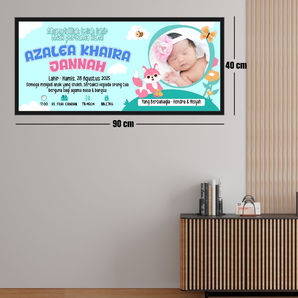BIO DATA BAYI CUSTOM | HIASAN DINDING NAMA BAYI | BAHAN KAIN PRINTING + FIGURA/ FRAME