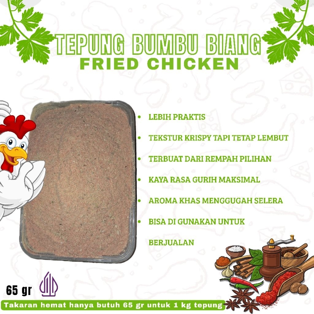 

Tepung instan bumbu biang fried chicken 65 gr untuk 1 kg tepung