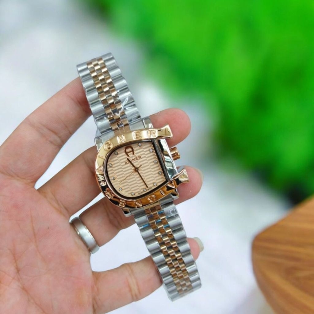 GROSIR TERMURAH...Jam Tangan Analog Wanita New AIGNER CROCO Body Silver Rosegold Rantai Stainless St
