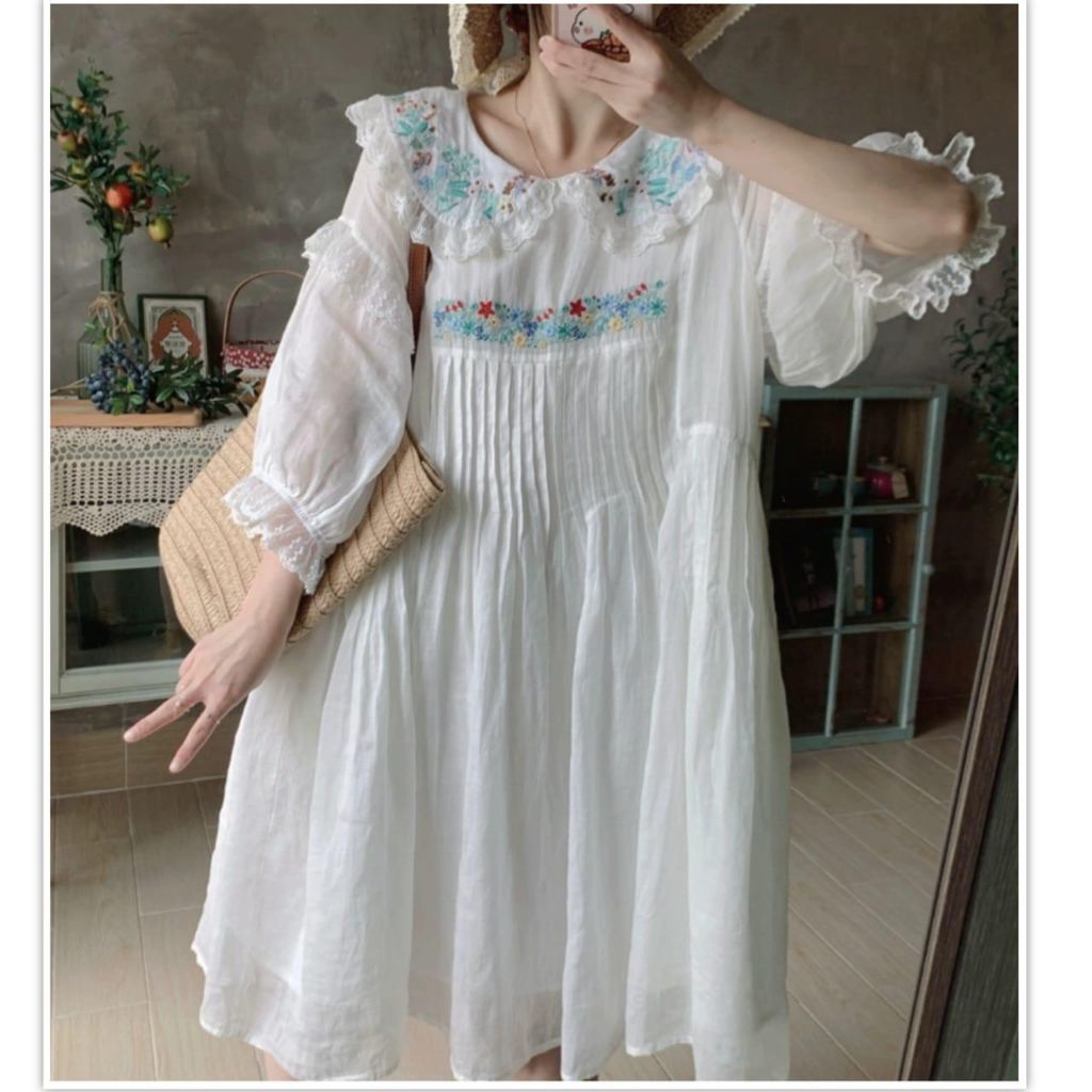 18660 Baju minidress HINARI EMBROIDERED COTTON MORIKEI STYLE LOOSE DRESS BORDIR putih Korean style W