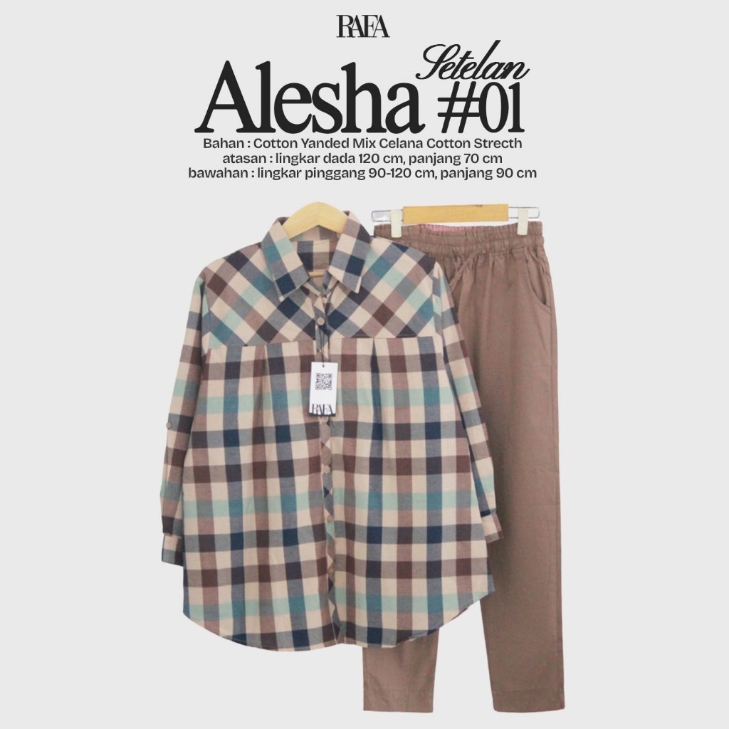 Setelan Kemeja Wanita Alesha Set Original By Anty's Stelan Celana Oneset LD 120 Motif Kotak-Kotak