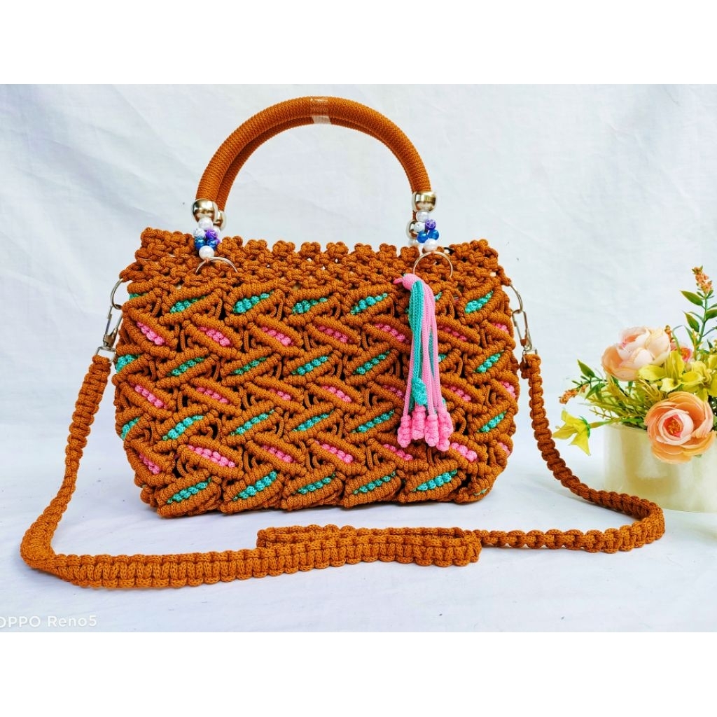 Tas Selempang Rajut TaliKur Daun Mutiara / Tas Talikur Motif Daun panjang / Tas Talikur  Wanita