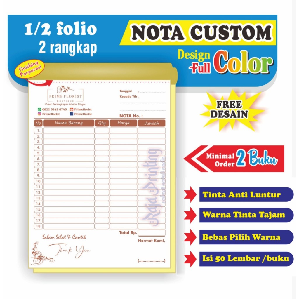 

Nota Custom full color 1/2 folio 2 rangkap gratis desain bisa satuan