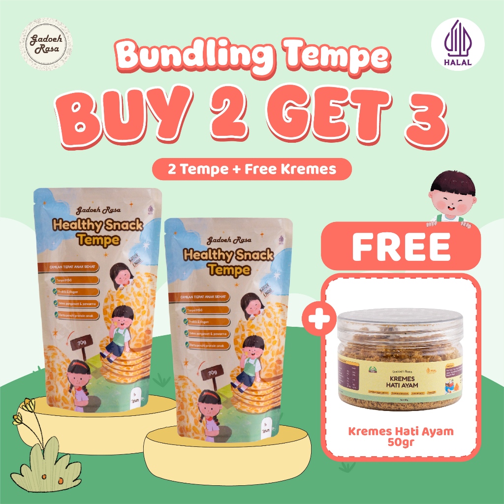 

Gadoeh Rasa - BUY 2 GET 3 ( Snack Tempe 70gr 2pcs ) + Free Kremes 50gr 1pcs