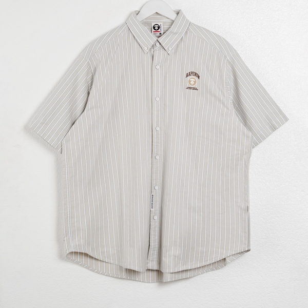Kemeja AAPE NOW EMBROIDERY HEAD PATCH OLIVE STRIPE WHITE BEIGE SHIRT 100% ORIGINAL