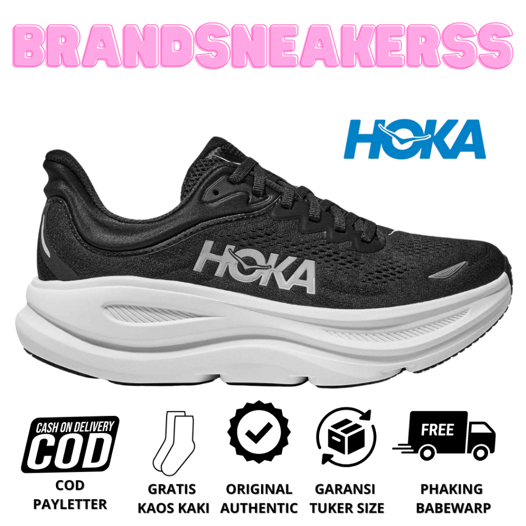 Sepatu Lari Pria Hoka Original Hoka Bondi 9 Black White Original