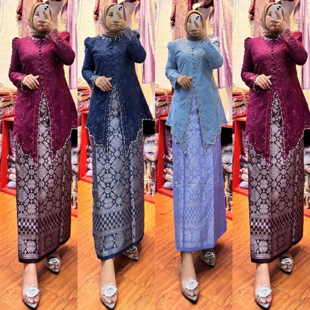 SETELAN KEBAYA SONGKET DEWASA BAHAN BROKAT MUTIARA PREMIUM