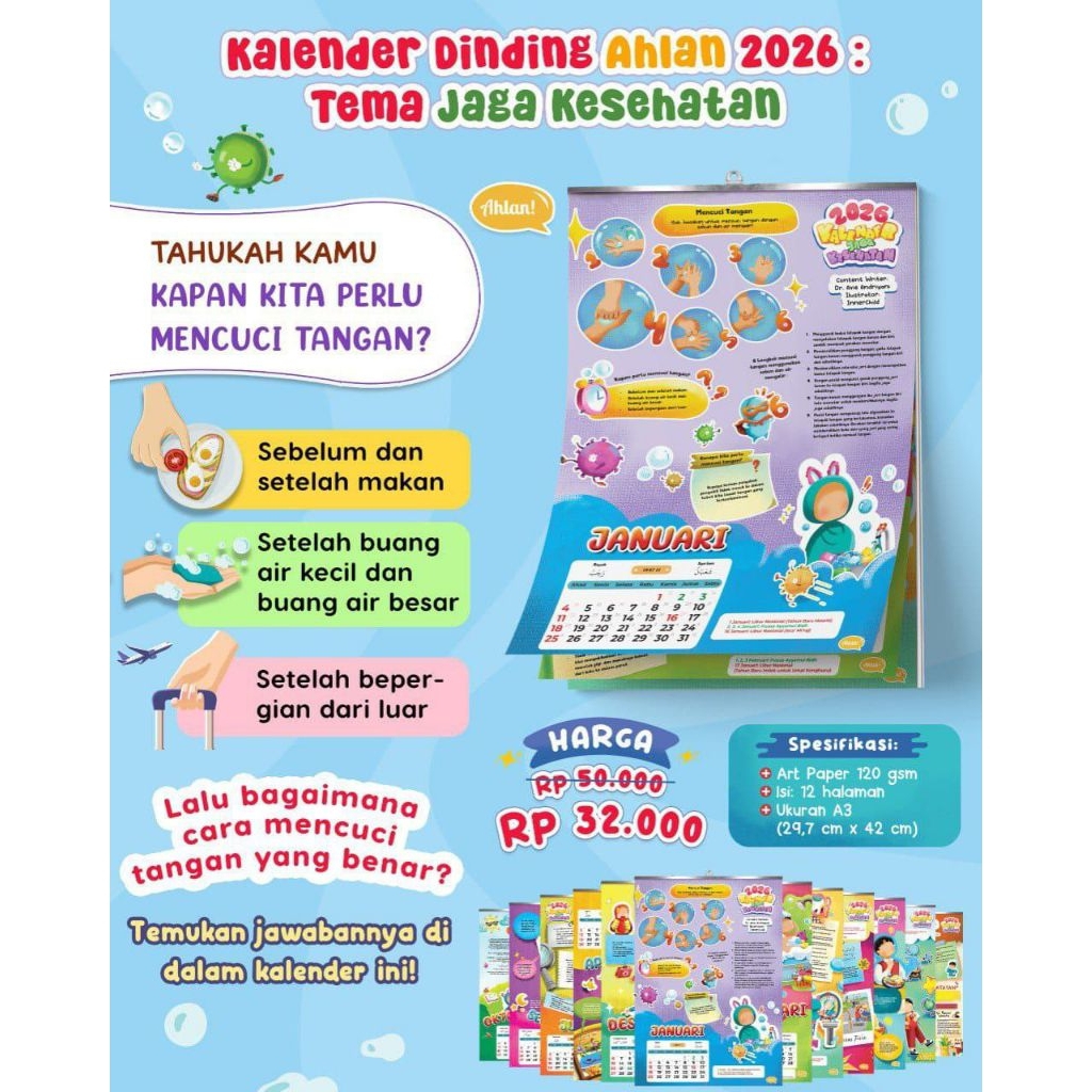 

Kalender dinding anak 2026 Ahlan tema jaga kesehatan
