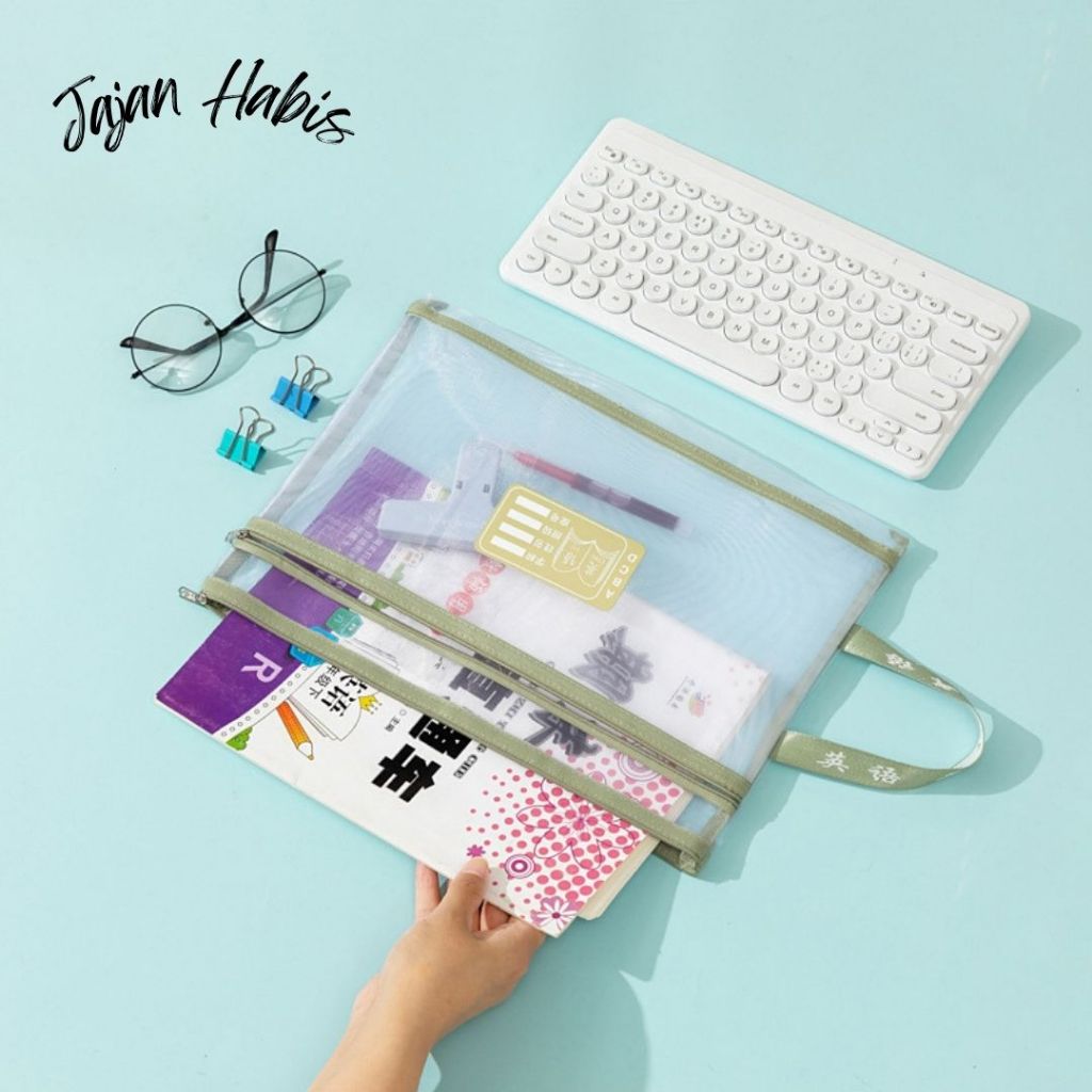 

JABIS Tas Buku dan Alat Tulis Map A4 Dua Slot File Folder Tas Mesh Dokumen Transparant A4 Zipper 2 in 1 Multifungsi Totebag Buku Transparan Jaring