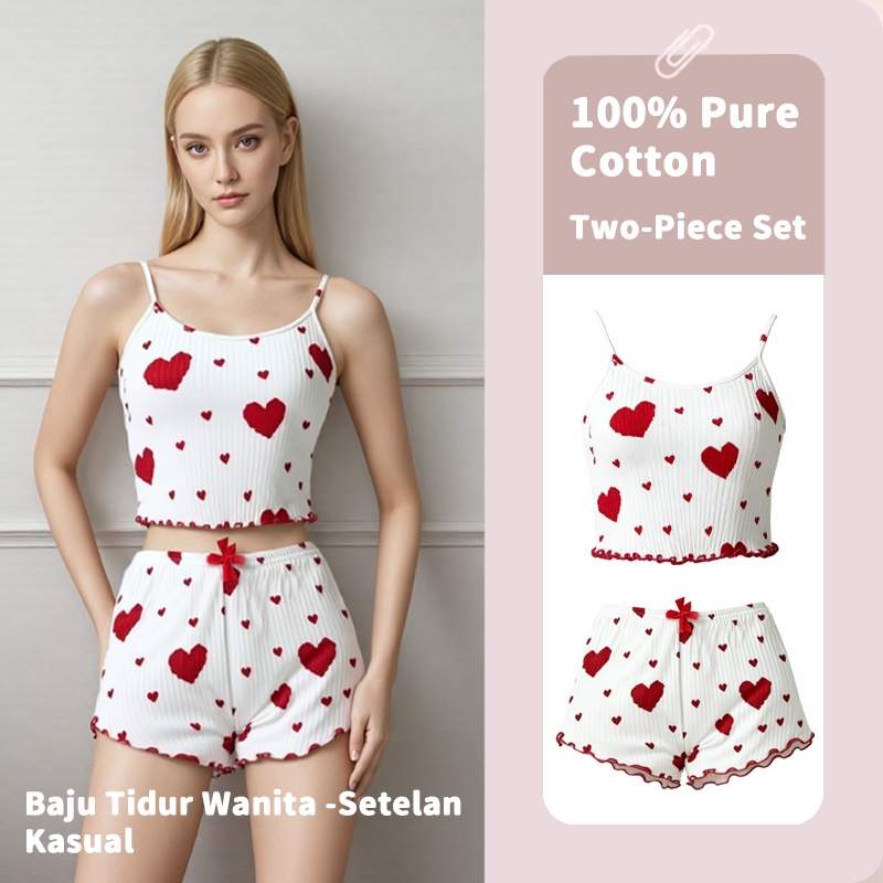 Piyama Wanita Manis - Atasan Tanktop & Celana Pendek Motif Love/One Set/One Set Wanita/Piyama Tidur 