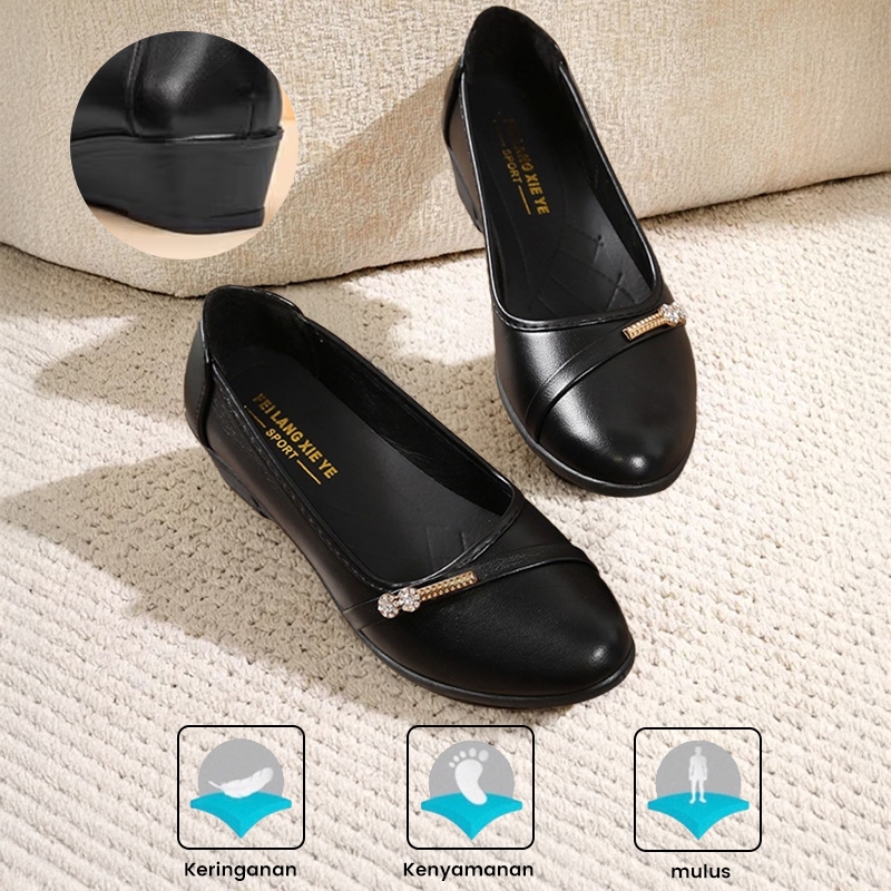 Sepatu Wedges Wanita Sepatu Flatshoes Hitam Kerja Wanita Slip on Dewasa
