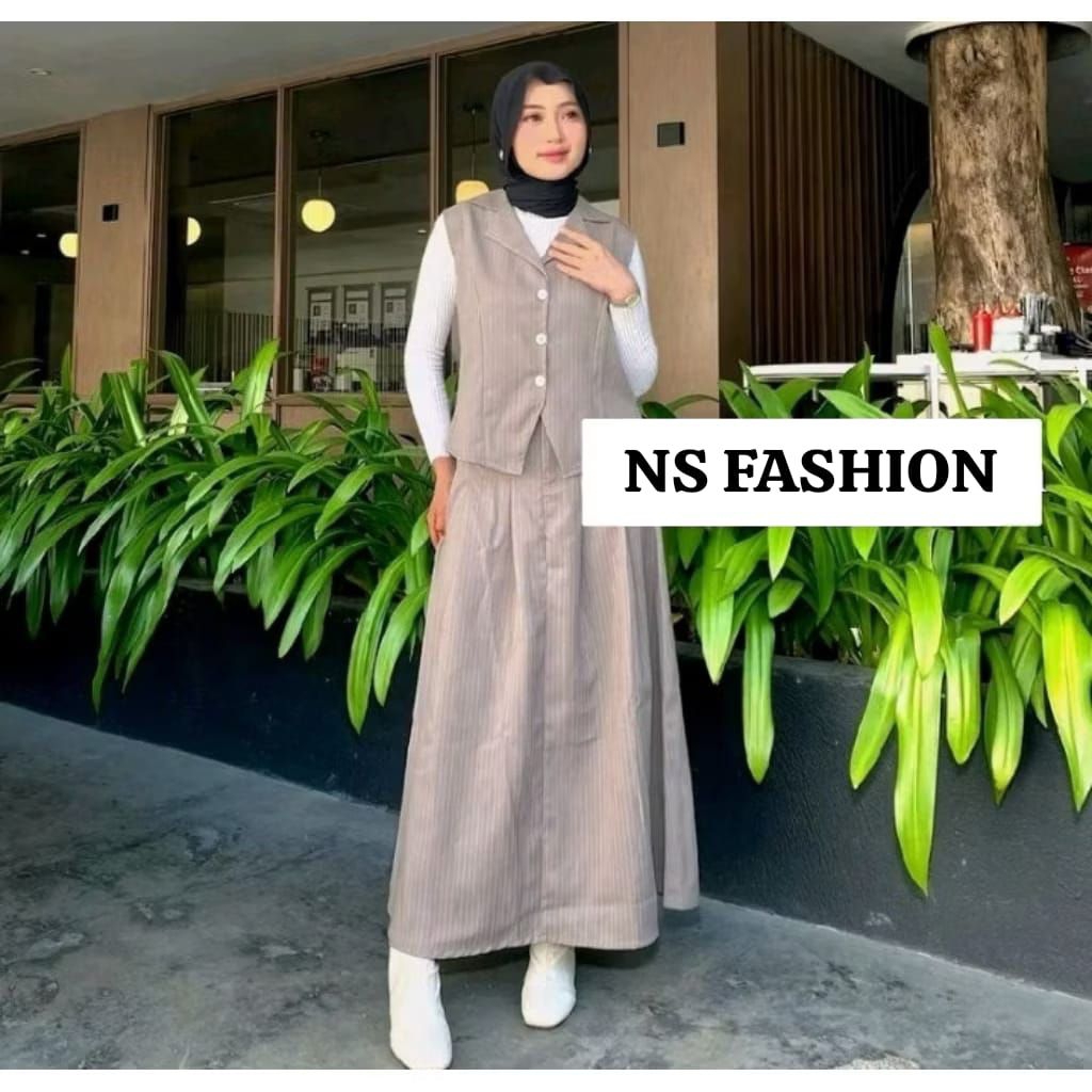 Bella Vest Set-Set Blezer Wanita- Setelan Rok Wanita Salur-Maxi Skirt Wanita Stripe-Setelan Rok dan 