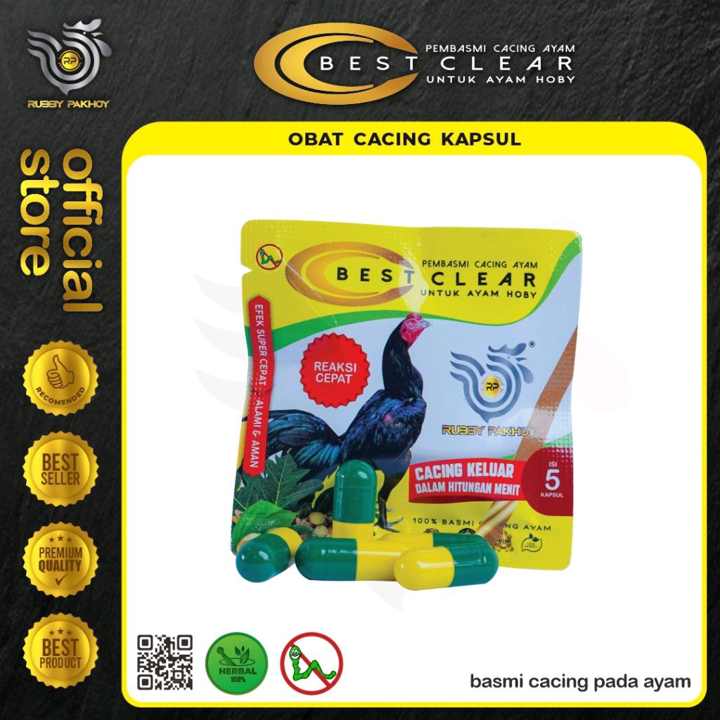 BEST CLEAR OBAT CACING AYAM PALING AMPUH DAB CEPAT MENGELUARKAN CACING DALAM HITUNGAN (ISI 5 KAPSUL)