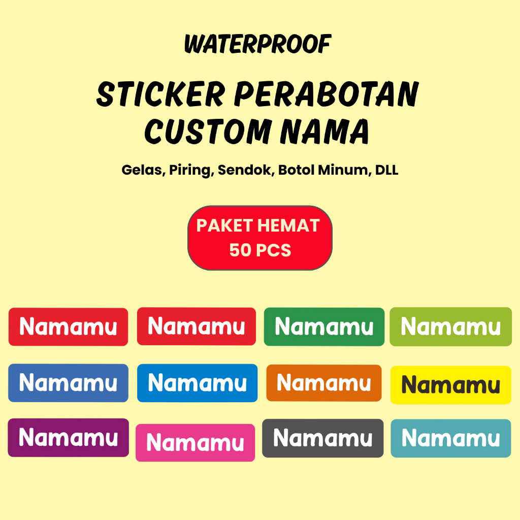 

50 PCS Sticker Barang Custom Nama Piring Sendok Botol Gelas Perabotan timbul waterproof label Ajaibb