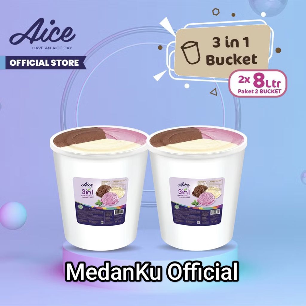 AICE Bucket Ice Cream Es Krim Ember 8L MEDAN (1 karton = 2 Pcs) Eskrim 3in1, vanilla, strawberry, Ch