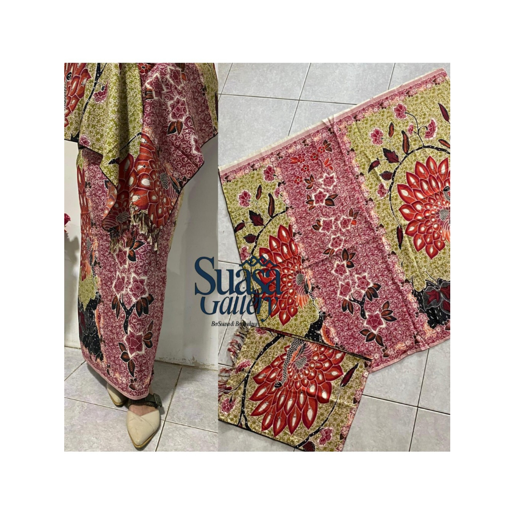 Suasagallery Kain Batik Sutra Dobby ATBM Set Selendang Motif Burung Merak Warna Hijau Pastel Premium