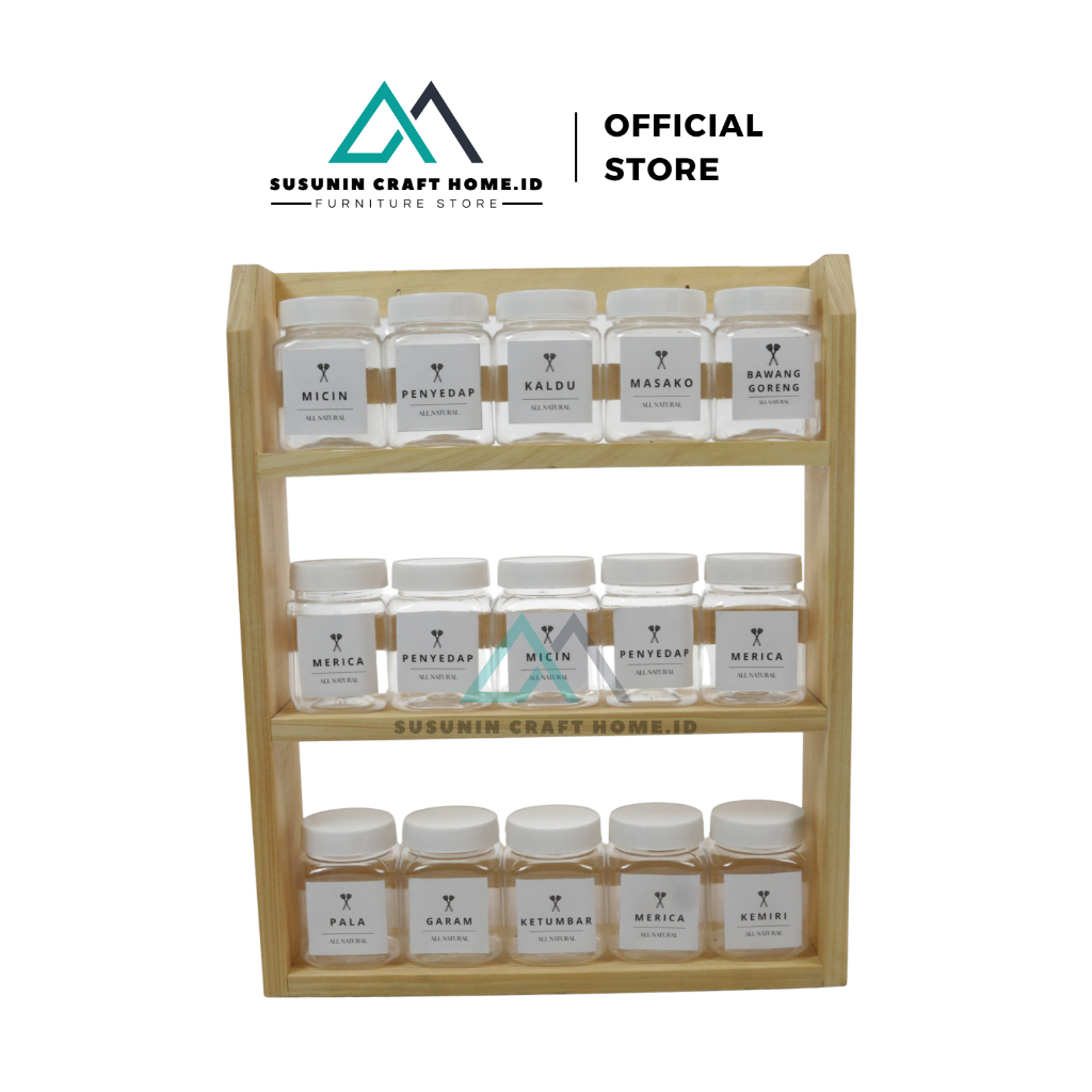 Rak Dapur Kayu Rak Bumbu Masak Rak Dinding Kayu Pinus 3 Susun Toples Putih Bumbu 200ml Free Sticker