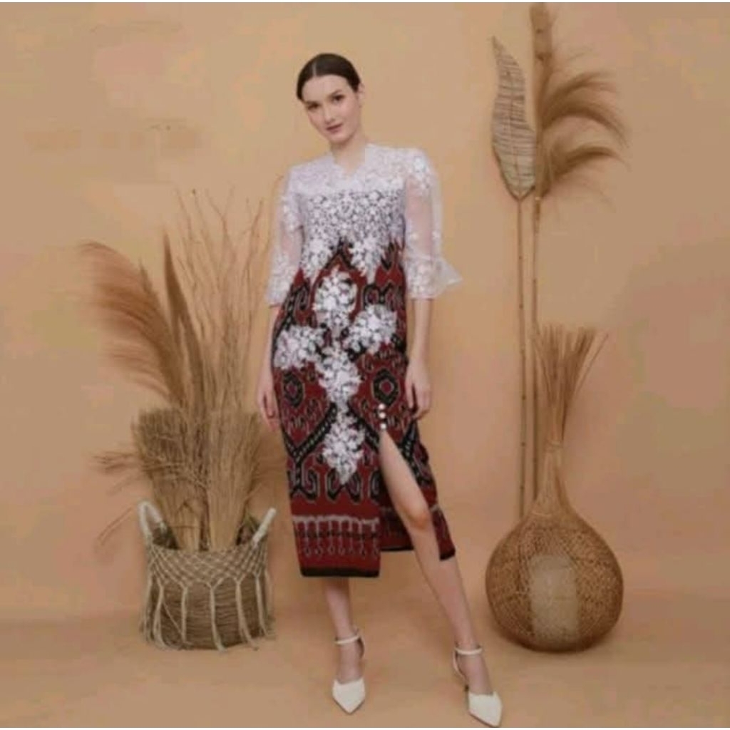 Dress Tenun Merah Kombinasi Brukat Premium