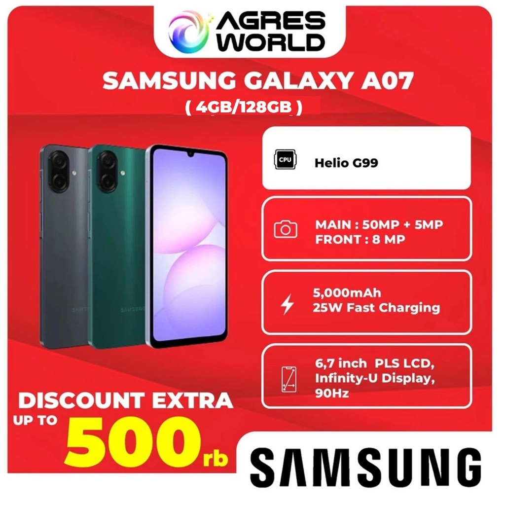 Samsung Galaxy A07 4/128GB  - Helio G99 - 6,7 inch Infinity-U Display 90Hz- GARANSI RESMI