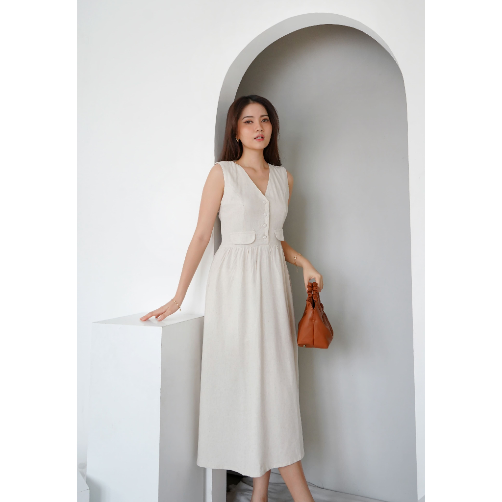 JOUETA | Maple Sleeveless dress  | Midi Dress Shirt Big Size S-XXL Cotton Linen Viscose