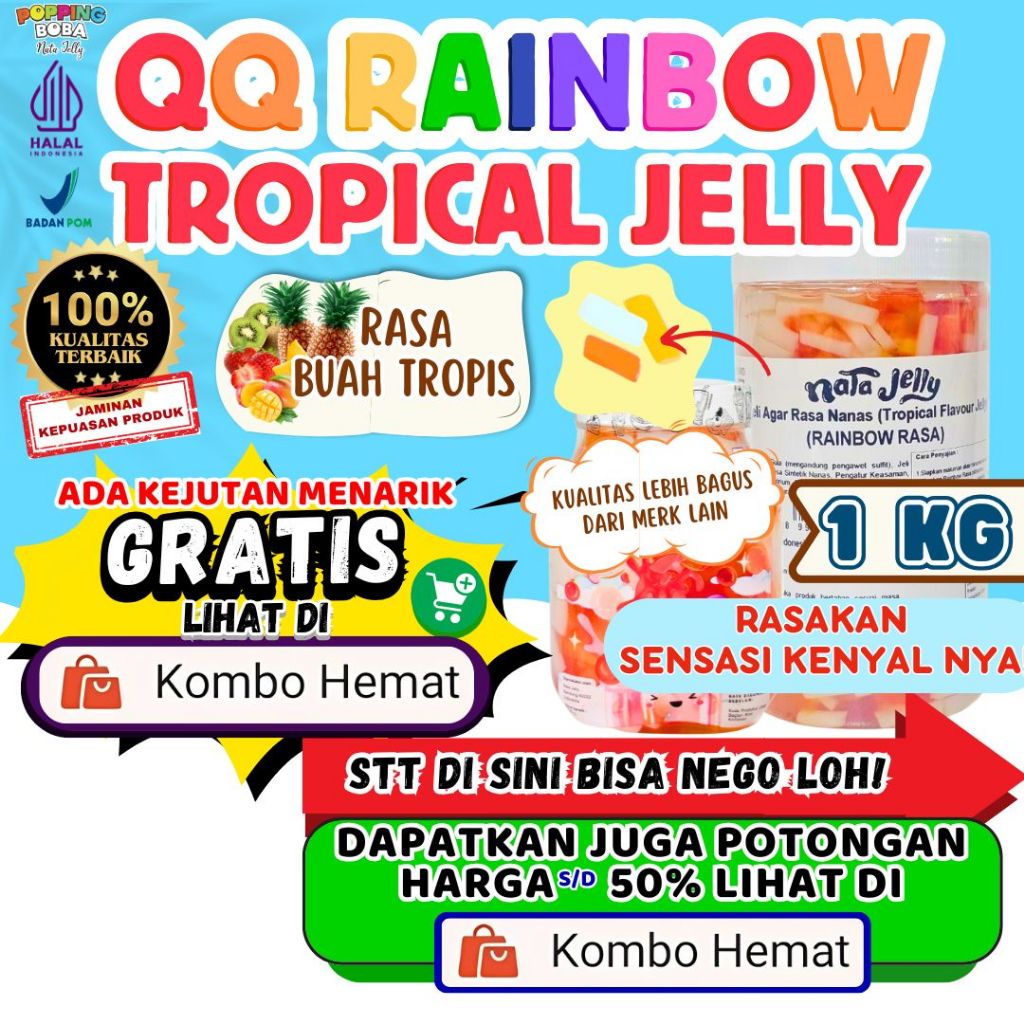 

QQ Rainbow Jelly Konyaku Topping Minuman - Jelly Warna Warni Rasa Buah Tropis 1 Kg | Cocok Untuk Semua Minuman | Popping Boba Meletus Pecah Dimulut Nata Jelly