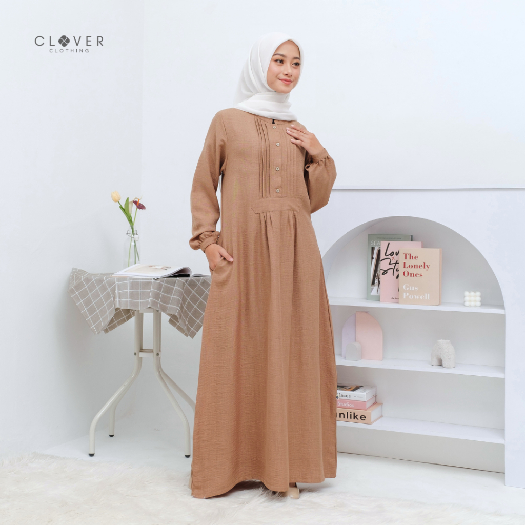 Clover Clothing Gamis Demima | Gamis Polos Elis Linen Crinkle Premium | Dress Wanita Muslimah