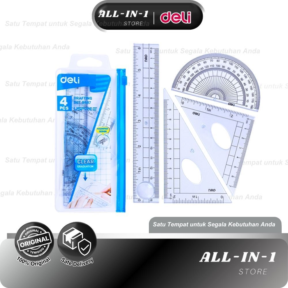 

Deli Set Penggaris Set Persegi Busur Derajat Set 4pcs PS tembus berkualitas, tahan lama E9597