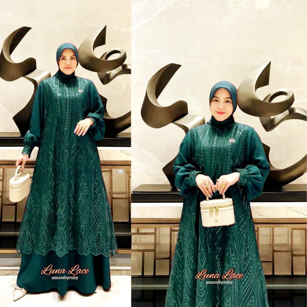 Lunna Lace Dress Gamis Wanita Bahan Ceruti Premium Mix Brokat Mewah Elegan Terbaru / Gamis Pesta Kon