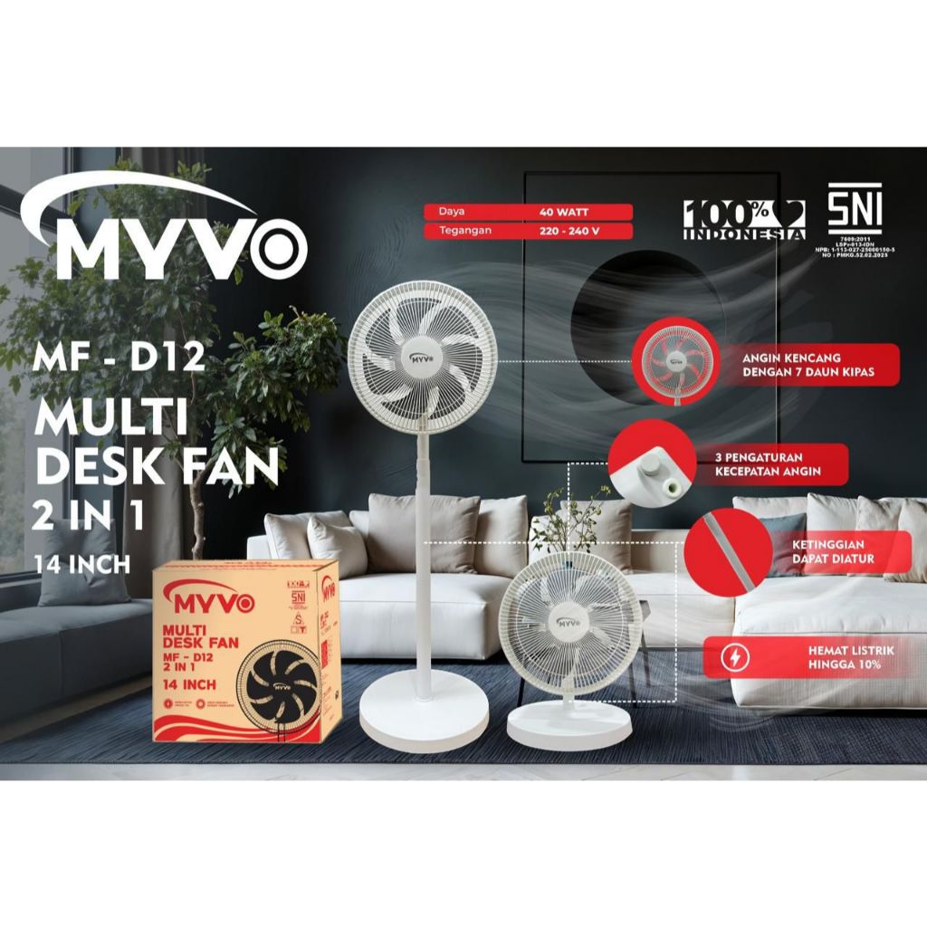 Kipas Angin Meja & Berdiri MYVO MF-D12 Multi Desk Fan 2 in 1 – 14 Inch/Kipas Meja Murah/Kipas Elegan