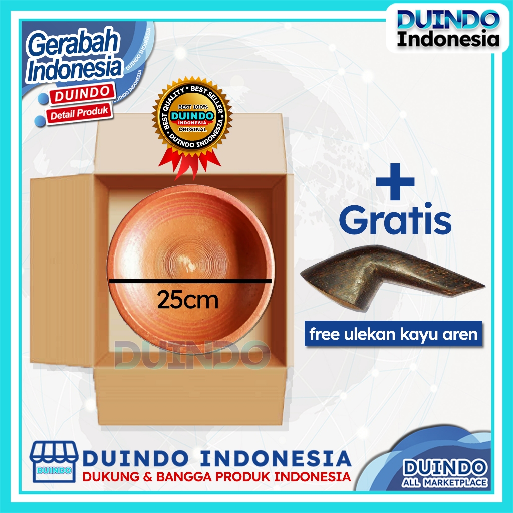 Duindo - Cobek Tanah Liat 25 cm Gratis Ulekan Kayu Aren Cobek Sambal