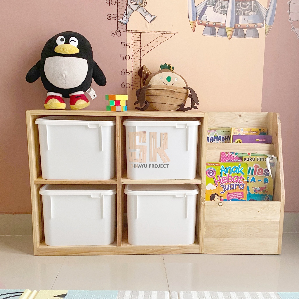 Rak Mainan Anak Minimalis 4 Box + Rak Buku Samping - Rak Buku Trofast Minimalis Kayu Jati Anak Serba
