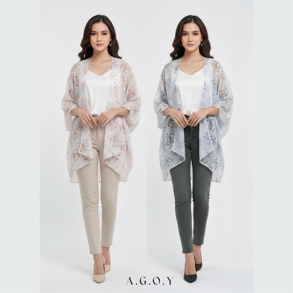 A.G.O.Y – Outer Kimono Wanita | Blouse Ceruty Oversize Motif Bunga | Cardigan Lengan Balon Elegan