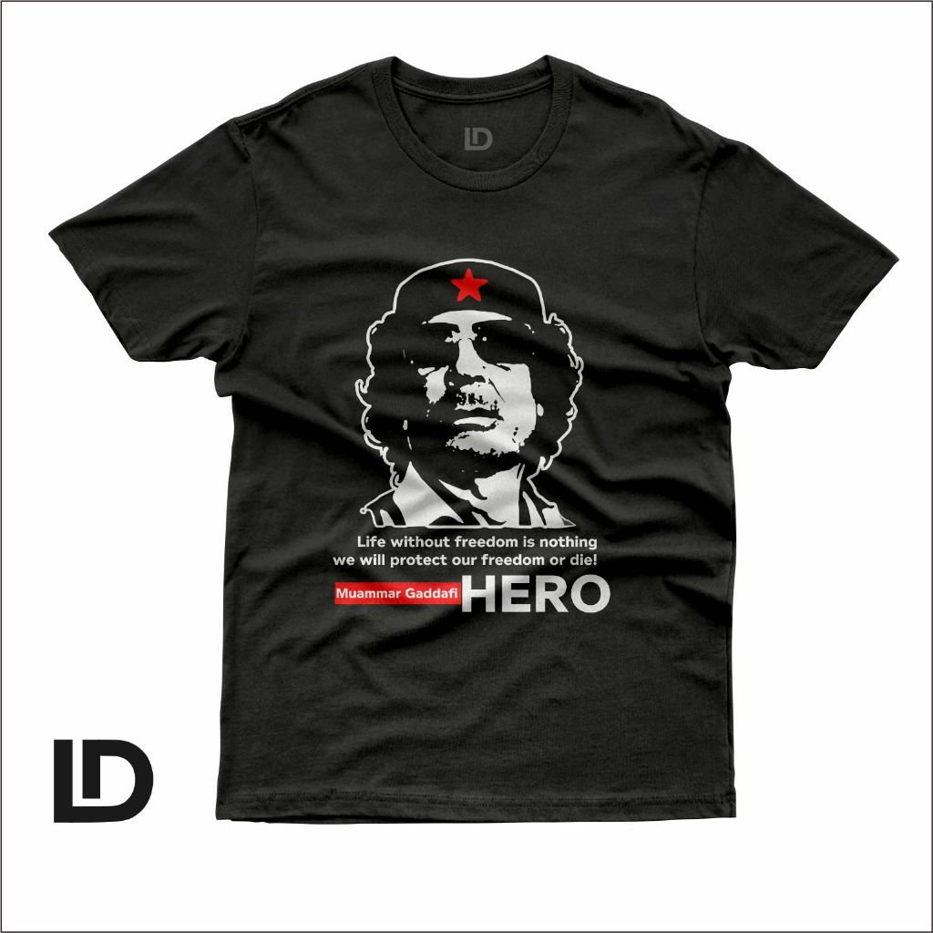 Kaos Distro Muammar Gaddafi Black Cotton Combed 24s Kaos Tokoh