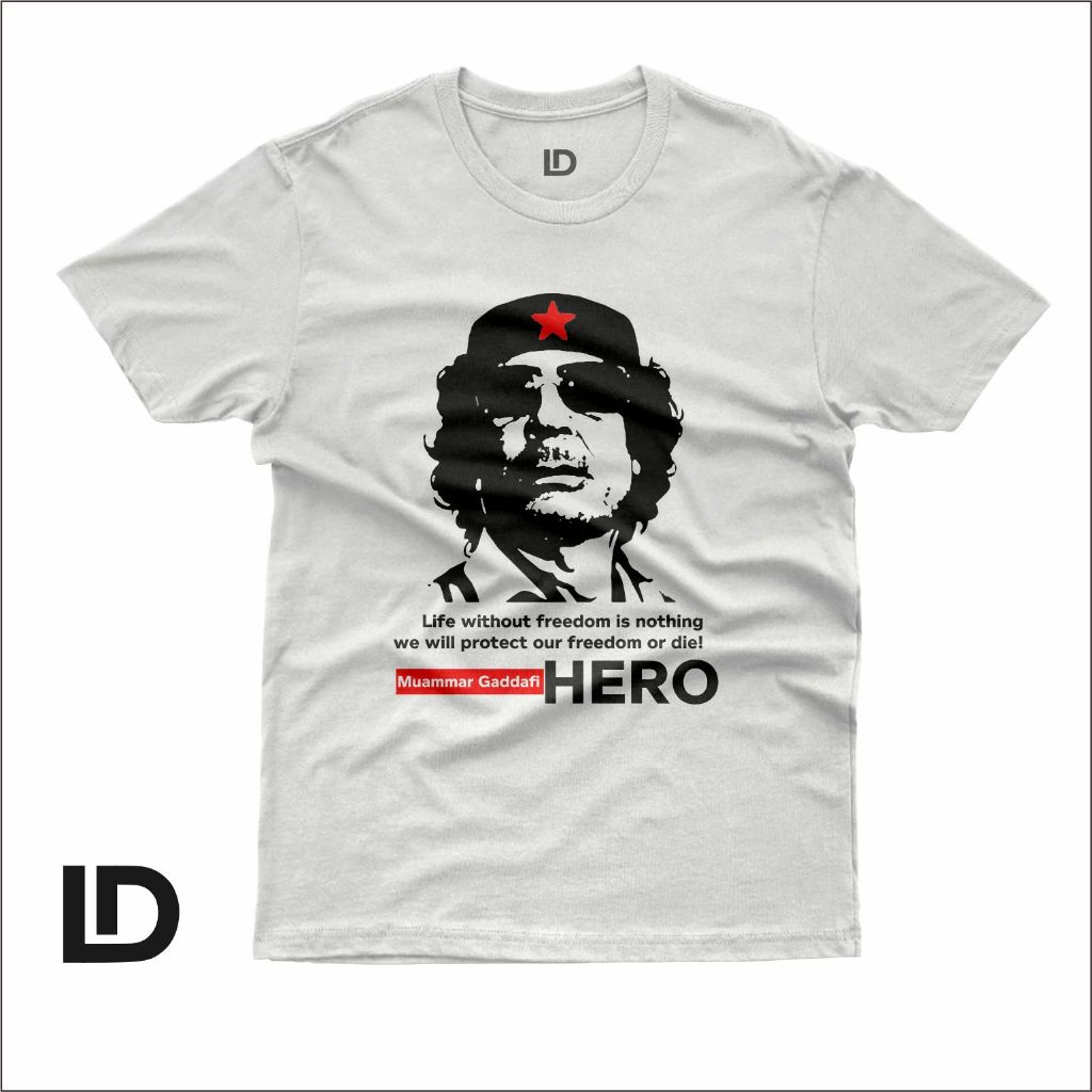 Kaos Distro Muammar Gaddafi White Cotton Combed 24s Kaos Tokoh