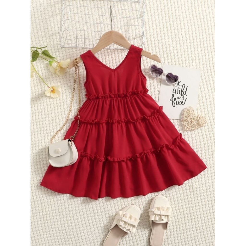 Mini Dress Warna Merah - Baju Pakaian Anak Perempuan - Dress Gaun Anak Imlek Natal Terbaru Kekinian 