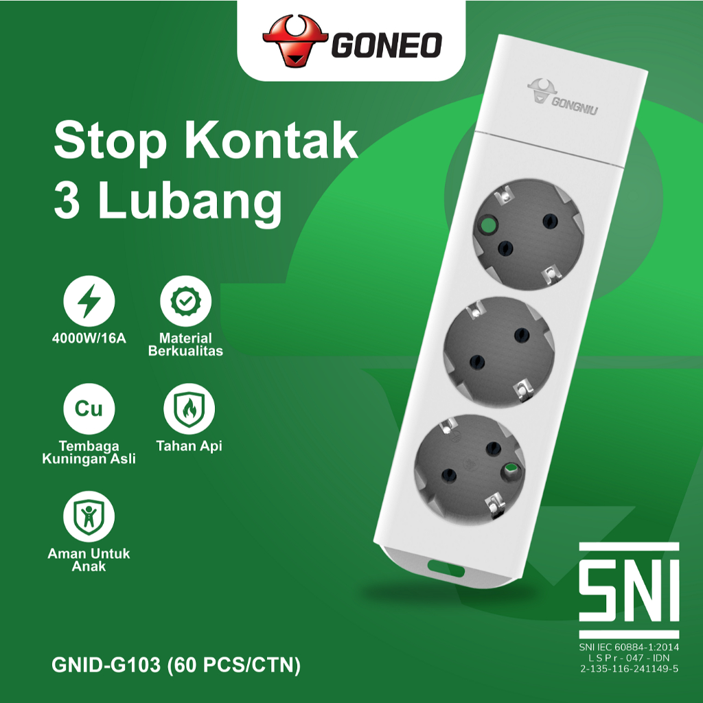 Stop Kontak Tanpa Kabel | GONEO GONGNIU GNID-G103 Stop Kontak 3 Lubang Tanpa Kabel