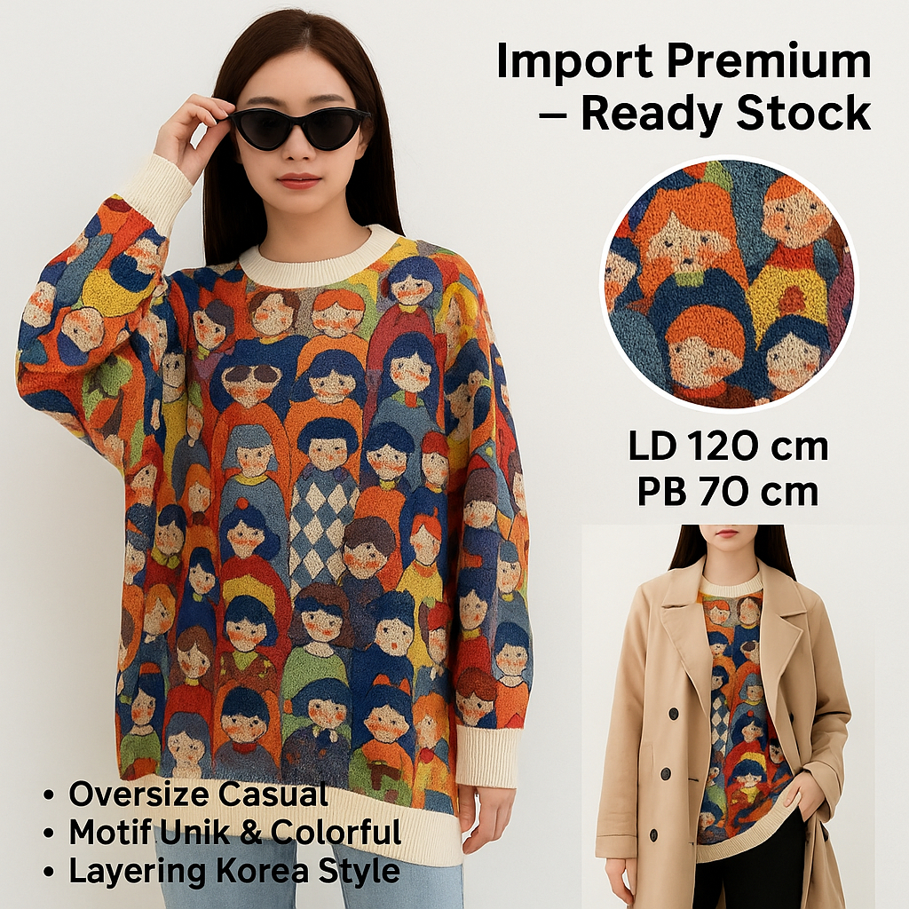 Sweater Rajut Import Wanita Motif Unik | Kaos Rajut Oversize Kekinian LD 120 PB 70 | Baju Hangat Cas