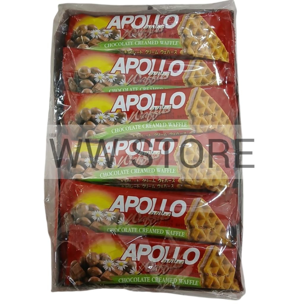 

Cemilan snek makanan ringan wafer bentuk wafel dengan krim coklat cokelat halal MUI APOLLO Waffles CHOCOLATE CREAMED WAFFLE 648g ( 36pcs x 18g )