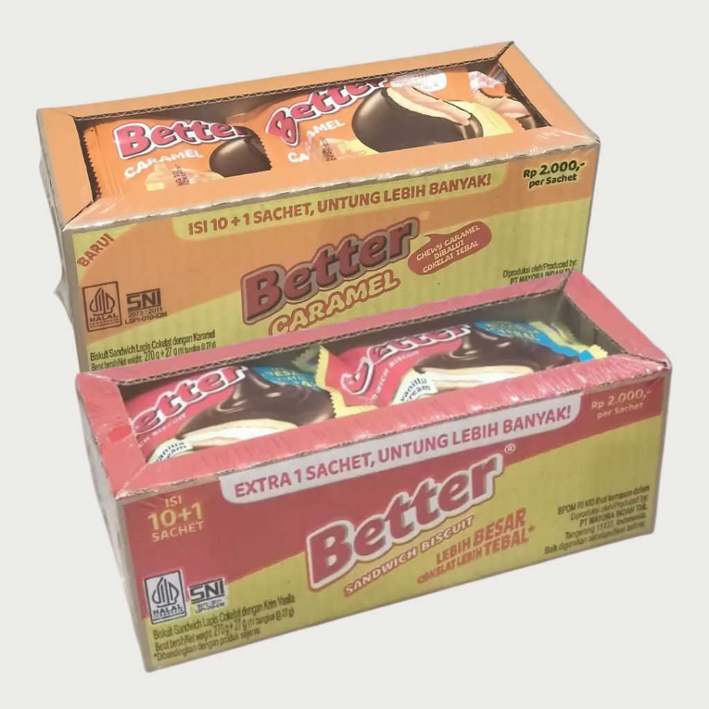 

Roma Better Sandwich Vanila Coklat & Caramel Biscuit 27 gr (10 pcs/pack)
