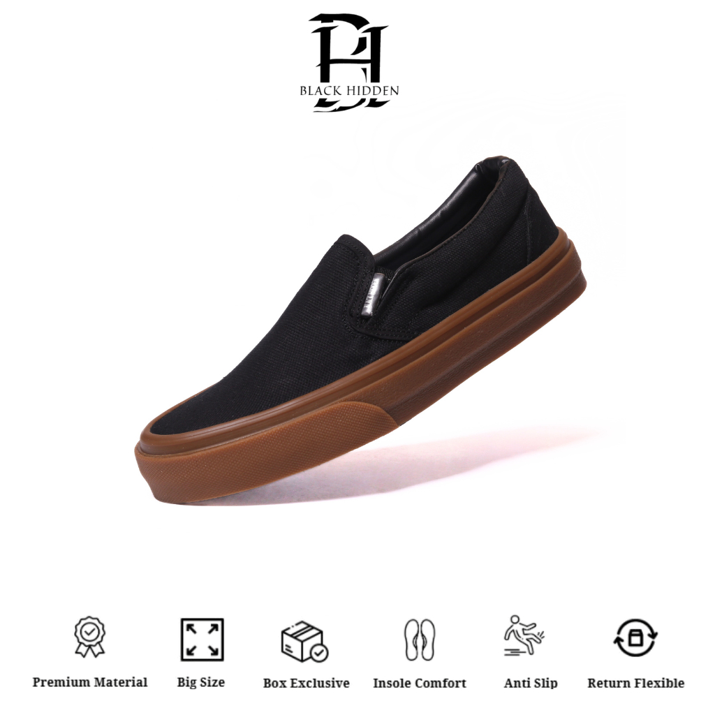 Black Hidden Stylo - Sepatu Casual Slip-on Slop Pria Big Size Black Gum